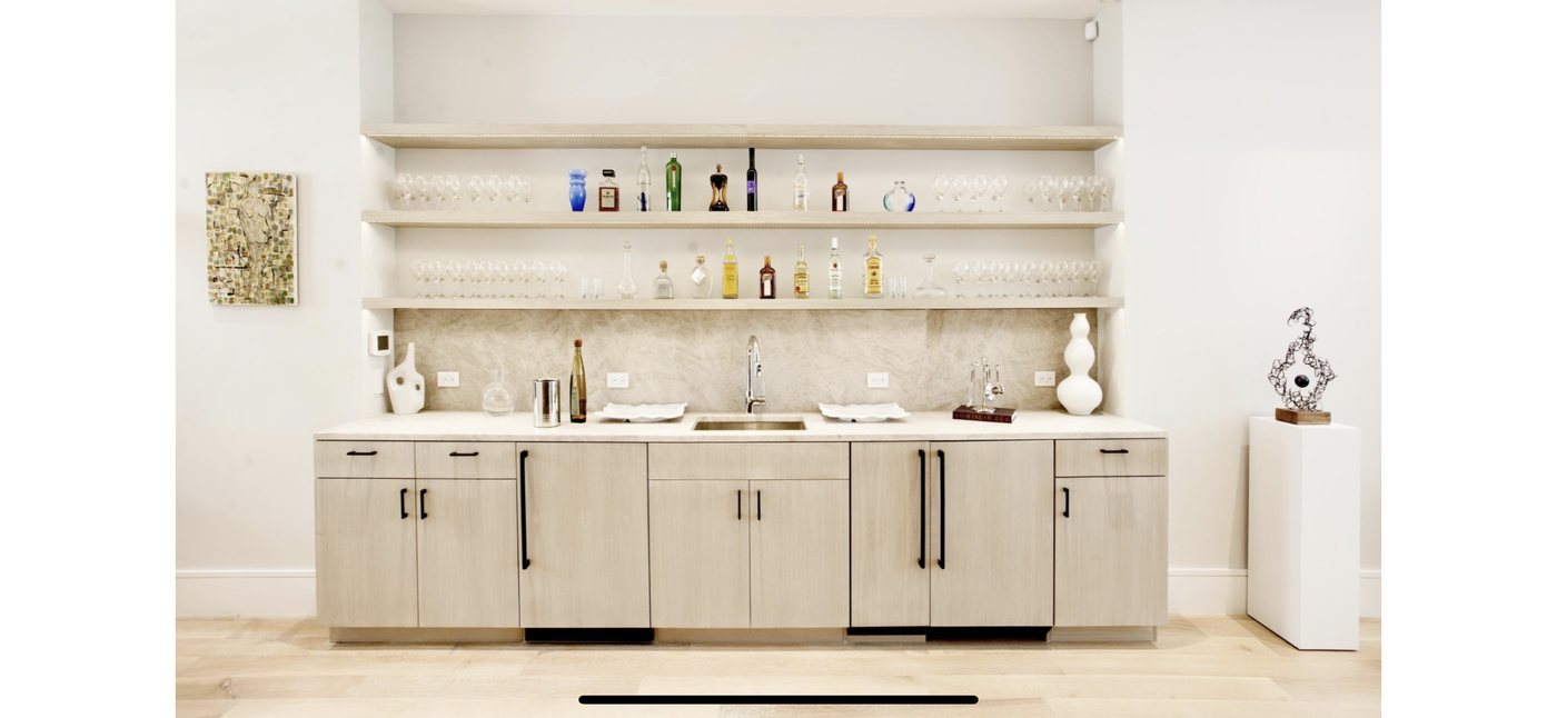 Kitchen and bar with custom shelving